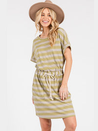 WOMEN'S SHORT SLEEVE FRONT POCKETS ADJUSTABLE WAIST STRIPES MINI DRESS