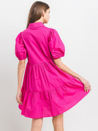WOMEN'S SHORT PUFF SLEEVE BUTTON UP TIERED TUNIC MINI DRESS