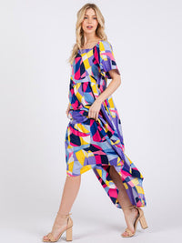 WOMEN'S SHORT SLEEVE FRONT POCKETS MULTI PRINT MAXI DRESS