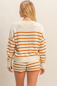 WOMEN'S LONG SLEEVE PULLOVER SWEATER & ELASTIC WAIST SHORTS COLORBLOCK STRIPES KNIT 2PC.SET