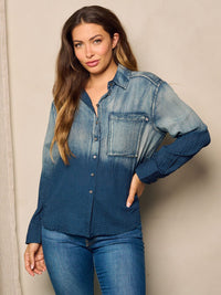 WOMEN'S LONG SLEEVE BUTTON UP POLKA DOTS WASHED BLOUSE TOP