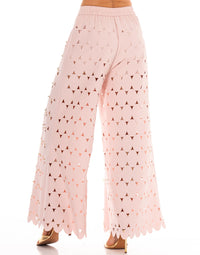 WOMEN'S ELASTIC WAIST CUT OUT PATTERN SCALLOPED HEM WIDE LEG PANTS