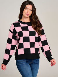 WOMEN'S LONG SLEEVE COLORBLOCK CHECKERS PULLOVER SWEATER