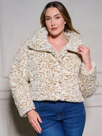 PLUS SIZE LONG SLEEVE ZIP UP POCKETS ANIMAL PRINT SHERPA JACKET