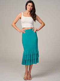WOMEN'S ELASTIC WAIST TIERED RUFFLE BOTTOM HEM MIDI SKIRT