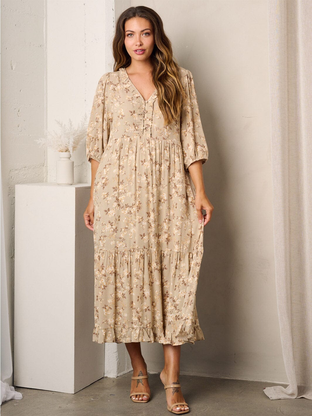 floral maxi dress with 3 4 sleeves Blue Floral Cotton Maxi Dress - Gingham Yoke Boho Long Dress - 3/4 Sleeve Indian Block Print Dress