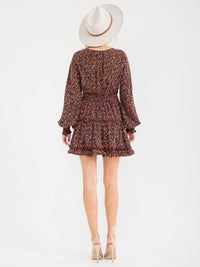 WOMEN'S LONG SLEEVE V-NECK FLORAL SMOCK WAIST MINI DRESS