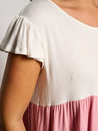 WOMEN'S SHORT SLEEVE TIERED COLORBLOCK TUNIC BLOUSE TOP