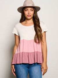 WOMEN'S SHORT SLEEVE TIERED COLORBLOCK TUNIC BLOUSE TOP