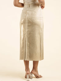 WOMEN'S BUTTON CLOSURE POCKETS SHIMMER DENIM MIDI SKIRT
