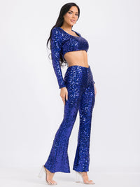 WOMEN'S LONG SLEEVE SEQUINS CROP TOP