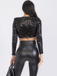 WOMEN'S LONG SLEEVE SEQUINS CROP TOP
