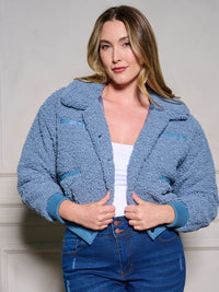 PLUS SIZE LONG SLEEVE BUTTON UP POCKETS SHERPA JACKET