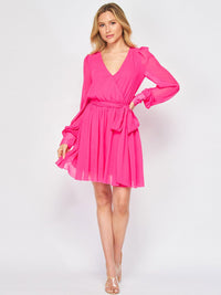 WOMEN'S LONG SLEEVE SURPLICE ELASTIC WAIST SELF TIE MINI DRESS