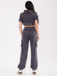 WOMEN'S SHORT SLEEVE HOODED TOP & ELASTIC WAIST PANTS WASHED 2PC. SET