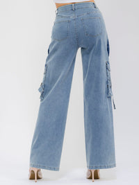 WOMEN'S BUTTON CLOSURE CARGO POCKETS WIDE LEG STRETCH DENIM JEANS