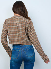 WOMEN'S LONG SLEEVE BUTTON CLOSURE PLAID CROP BLAZER