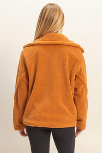 WOMEN'S LONG SLEEVE BUTTON CLOSURE FRONT POCKETS SHERPA JACKET