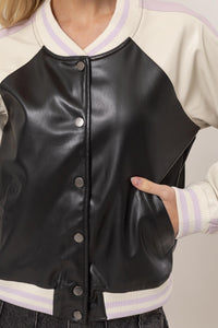 WOMEN'S LONG SLEEVE BUTTON UP FRONT POCKETS COLORBLOCK PU PLEATHER JACKET