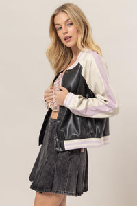 WOMEN'S LONG SLEEVE BUTTON UP FRONT POCKETS COLORBLOCK PU PLEATHER JACKET