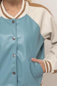WOMEN'S LONG SLEEVE BUTTON UP FRONT POCKETS COLORBLOCK PU PLEATHER JACKET