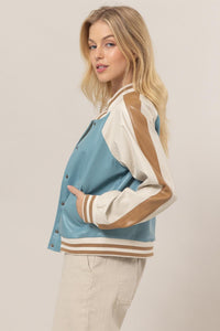 WOMEN'S LONG SLEEVE BUTTON UP FRONT POCKETS COLORBLOCK PU PLEATHER JACKET