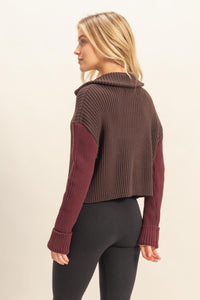 WOMEN'S LONG SLEEVE BUTTON UP TURTLE NECK RIBBED COLORBLOCK SWEATER