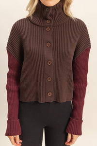 WOMEN'S LONG SLEEVE BUTTON UP TURTLE NECK RIBBED COLORBLOCK SWEATER