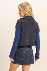 WOMEN'S LONG SLEEVE BUTTON UP TURTLE NECK RIBBED COLORBLOCK SWEATER