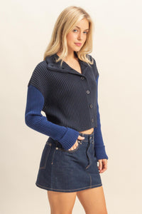 WOMEN'S LONG SLEEVE BUTTON UP TURTLE NECK RIBBED COLORBLOCK SWEATER