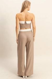 WOMEN'S SLEEVELESS CROP TOP & BUTTON CLOSURE WIDE LEG PANTS 2PC.SET
