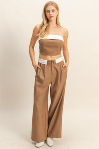 WOMEN'S SLEEVELESS CROP TOP & BUTTON CLOSURE WIDE LEG PANTS 2PC.SET
