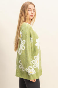 WOMEN'S LONG SLEEVE BUTTON UP V-NECK FLORAL COLORBLOCK FUZZY SWEATER