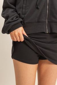 WOMEN'S LONG SLEEVE ZIP UP HOODED SWEATER & ELASTIC WAIST MINI SKORTS 2PC. SET