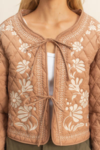 WOMEN'S LONG SLEEVE FRONT TIE QUILTED FLORAL EMBROIDERY JACKET