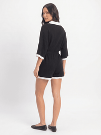 WOMEN'S SHORT SLEEVE V-NECK FRONT POCKETS SELF TIE COLORBLOCK KNIT ROMPER