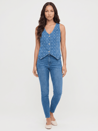 WOMEN'S SLEEVELESS V-NECK BUTTON UP DISTRESS DENIM TOP