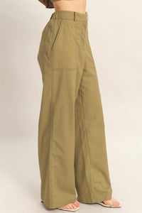 *******WOMEN'S ELASTIC WAIST BUTTON CLOSURE POCKETS WIDE LEG LINEN PANTS