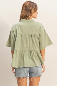 WOMEN'S SHORT SLEEVE BUTTON UP TIERED TUNIC TOP