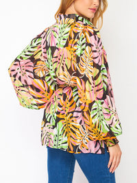 WOMEN'S LONG SLEEVE BUTTON UP LEAF PRINT BLOUSE TOP