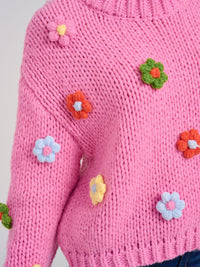 WOMEN'S LONG SLEEVE FLOWER DETAILED KNITTED PULLOVER SWEATER