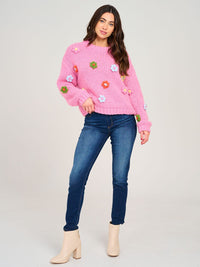 WOMEN'S LONG SLEEVE FLOWER DETAILED KNITTED PULLOVER SWEATER