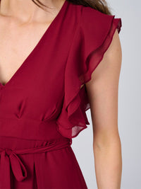 WOMEN'S RUFFLE SLEEVE V-NECK SELF TIE OPEN BACK MAXI DRESS