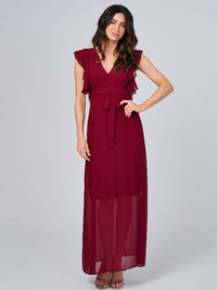 WOMEN'S RUFFLE SLEEVE V-NECK SELF TIE OPEN BACK MAXI DRESS