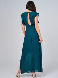 WOMEN'S RUFFLE SLEEVE V-NECK SELF TIE OPEN BACK MAXI DRESS