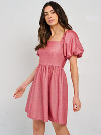 WOMEN'S SHORT PUFF SLEEVE SQUARE NECK SMOCK SEQUINS MINI DRESS