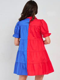 WOMEN'S SHORT PUFF SLEEVE FRONT POCKETS BUTTON CLOSURE COLORBLOCK MINI DRESS