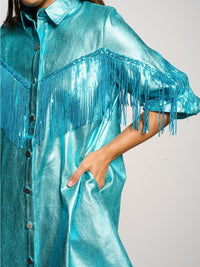 WOMEN'S SHORT SLEEVE BUTTON UP FRINGE SHIMMER MINI DRESS