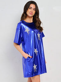 WOMEN'S SHORT SLEEVE FRONT POCKETS METALLIC STARS MINI DRESS