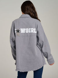 WOMEN'S LONG SLEEVE BUTTON UP FRONT POCKET GRAPHIC DENIM JACKET